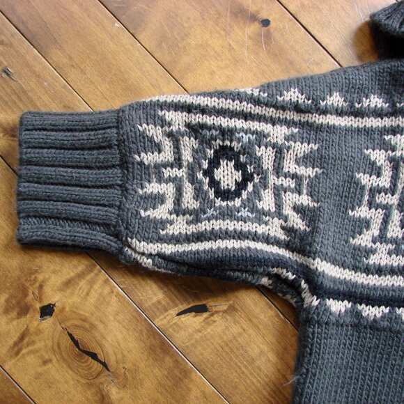 Chunky Knit Cardigan Sweater Gray Cream Aztec Pattern Wool Alpaca Blend Medium - Picture 13 of 16